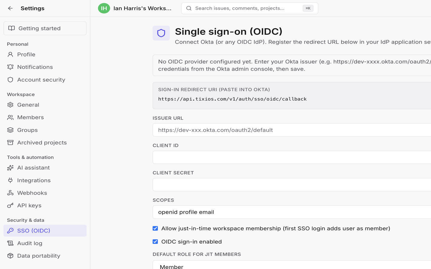 Single sign-on OIDC settings with issuer, client credentials, and JIT options