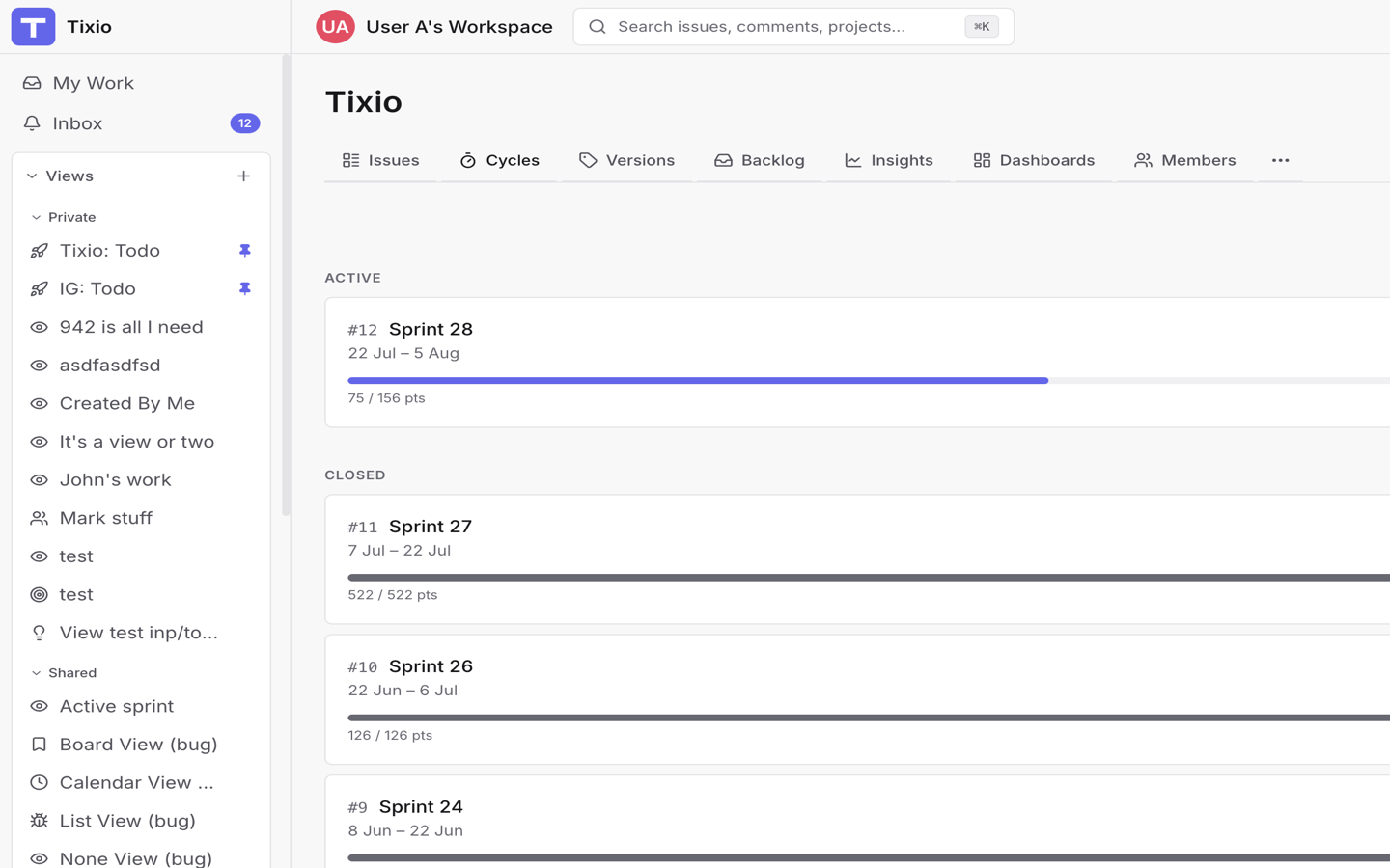 Cycles page with active and closed sprints and progress bars