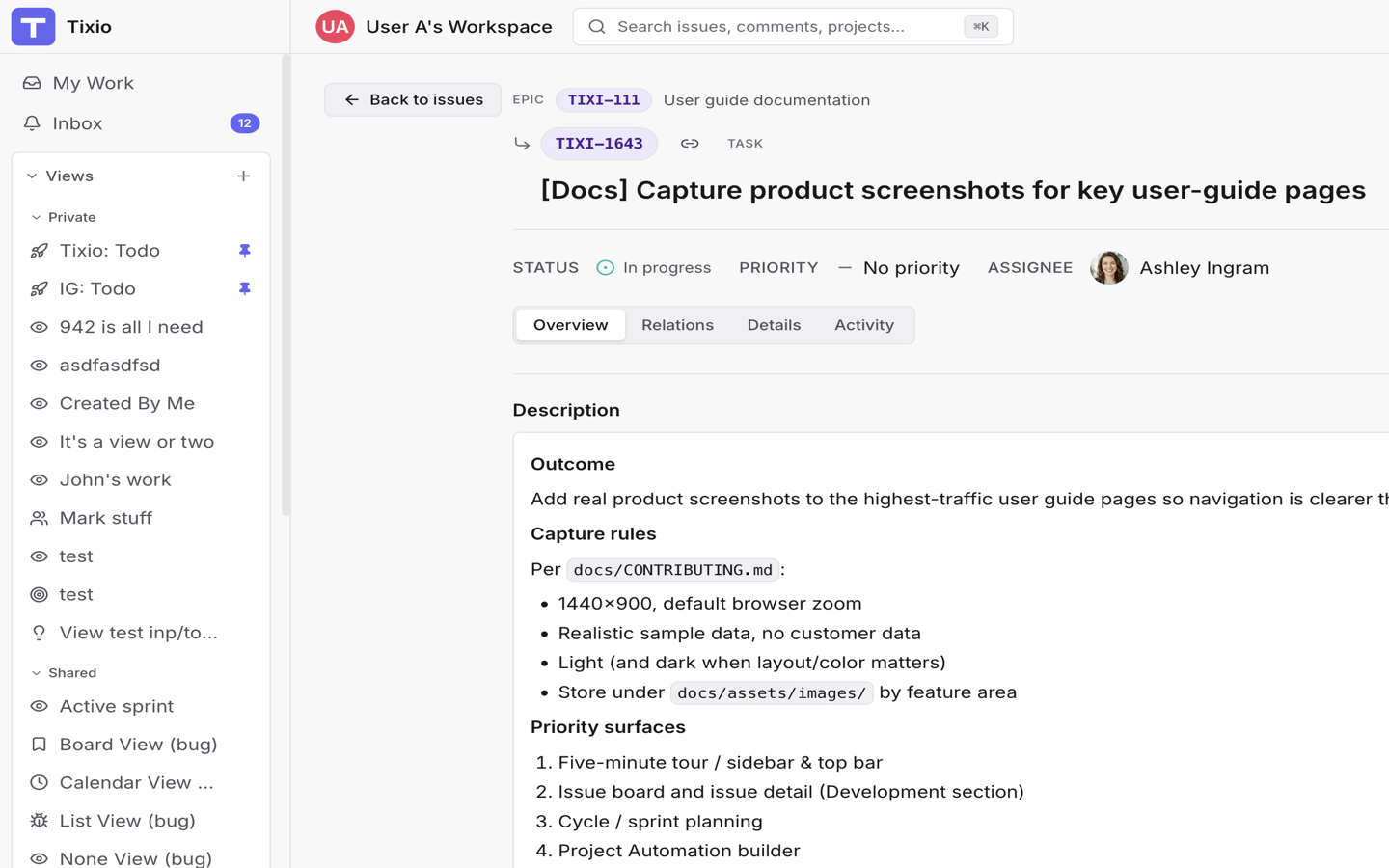 Issue detail Overview tab with status, assignee, and description